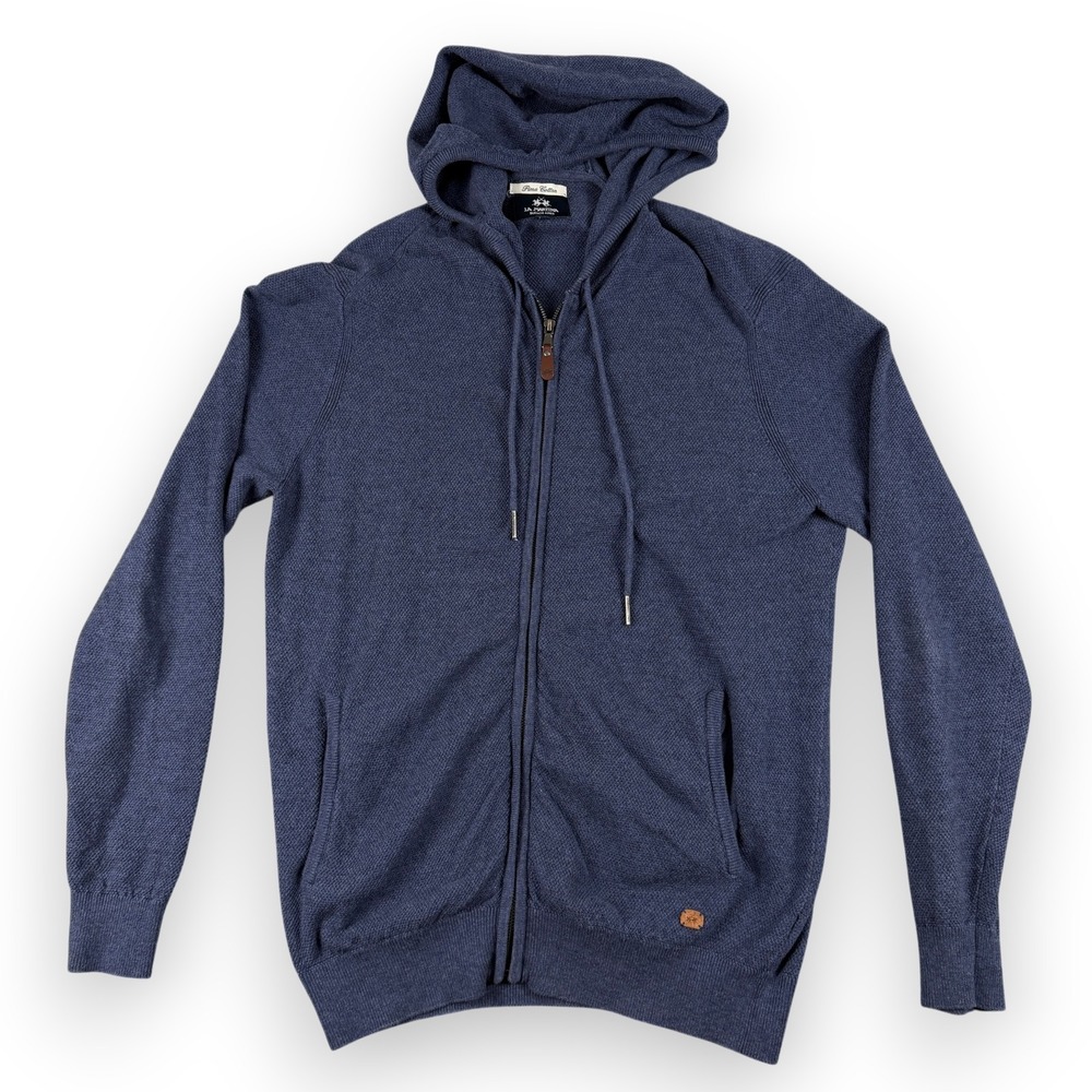 La Martina Full Zip Hoodie Mens L Blue Pima Cotton Knit Sweater Buenos Aires‎